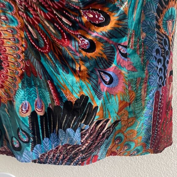 Y2K Caché Peacock Pattern Silk Beaded Halter Top - Picture 7 of 9